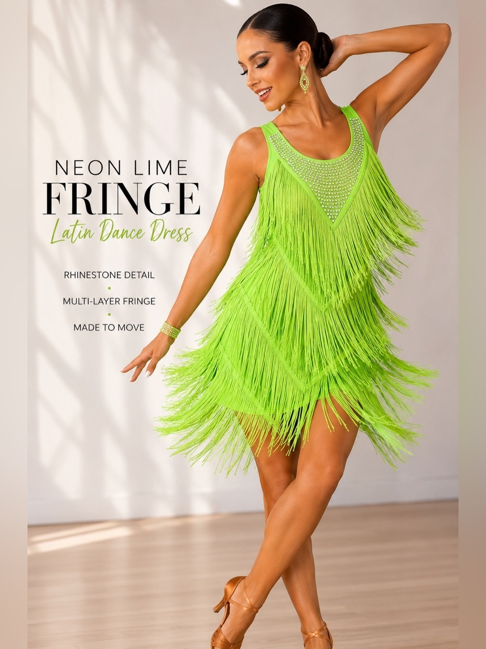 Neon Lime Green Latin Salsa Ballroom Fringe Rhinestone Dance Dress | S/M
